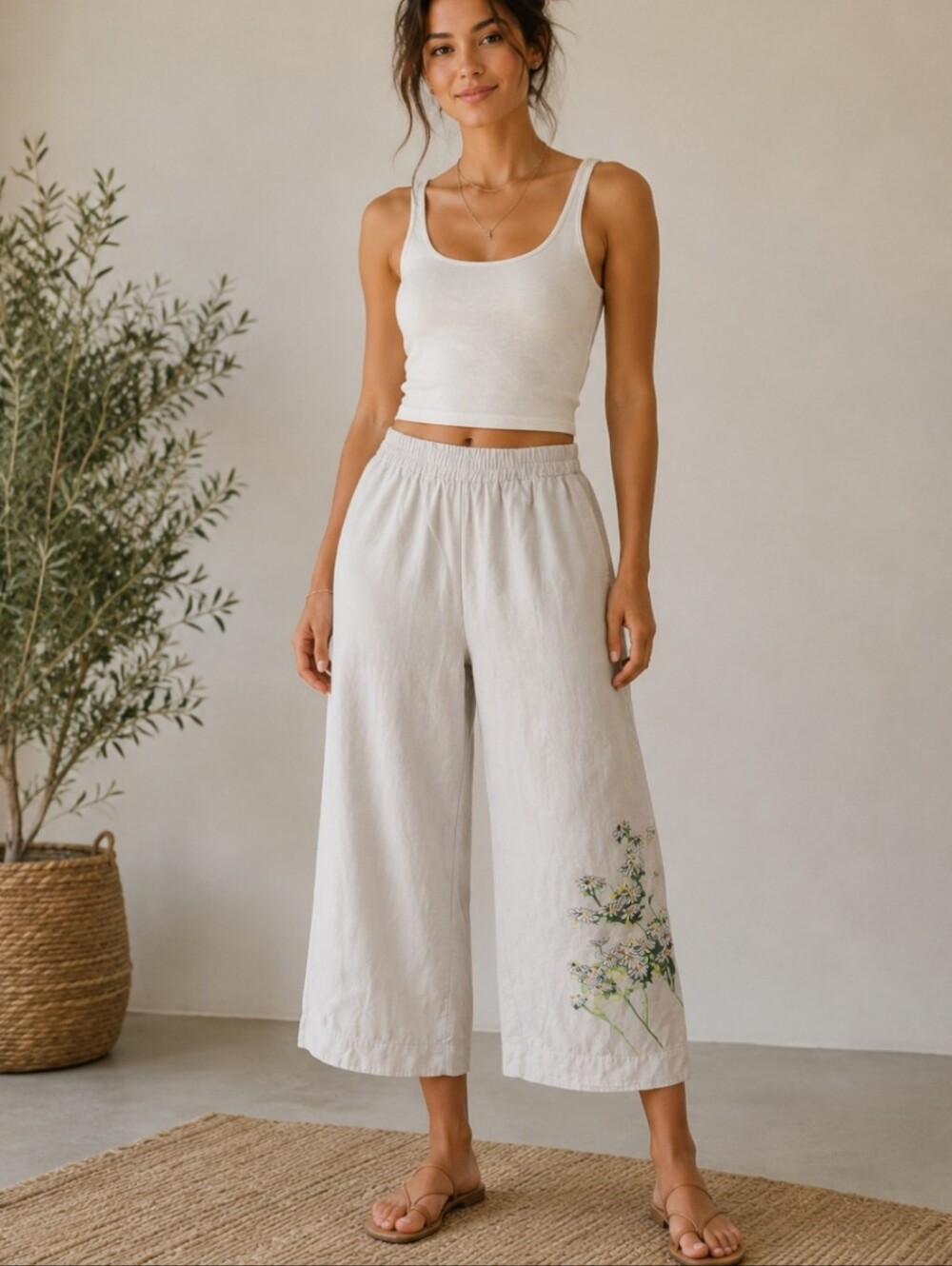 Vintage Cotton And Linen Blend  Light Beige Wide-Leg Printed  Cropped Pants